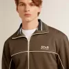 Militairgroen herensweatshirt met ritssluiting en wit logo