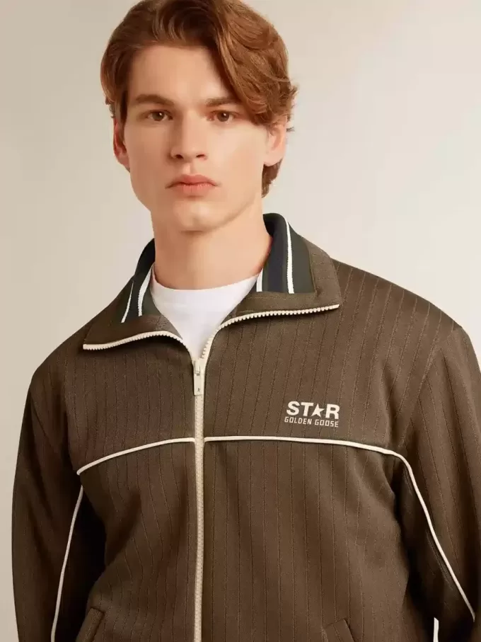 Militairgroen herensweatshirt met ritssluiting en wit logo