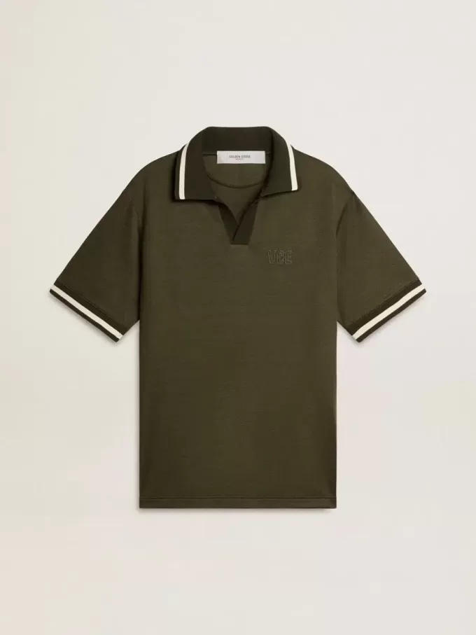 Militairgroene jersey polo voor heren met borduursel