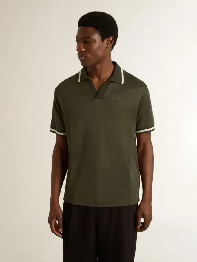Militairgroene jersey polo voor heren met borduursel