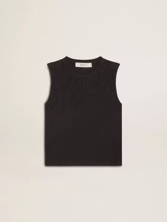 Mouwloos T-shirt in versleten zwart met ton-sur-ton borduursel in kleurverloop