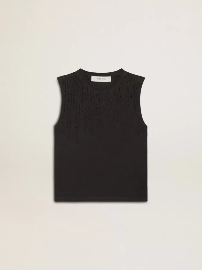 Mouwloos T-shirt in versleten zwart met ton-sur-ton borduursel in kleurverloop
