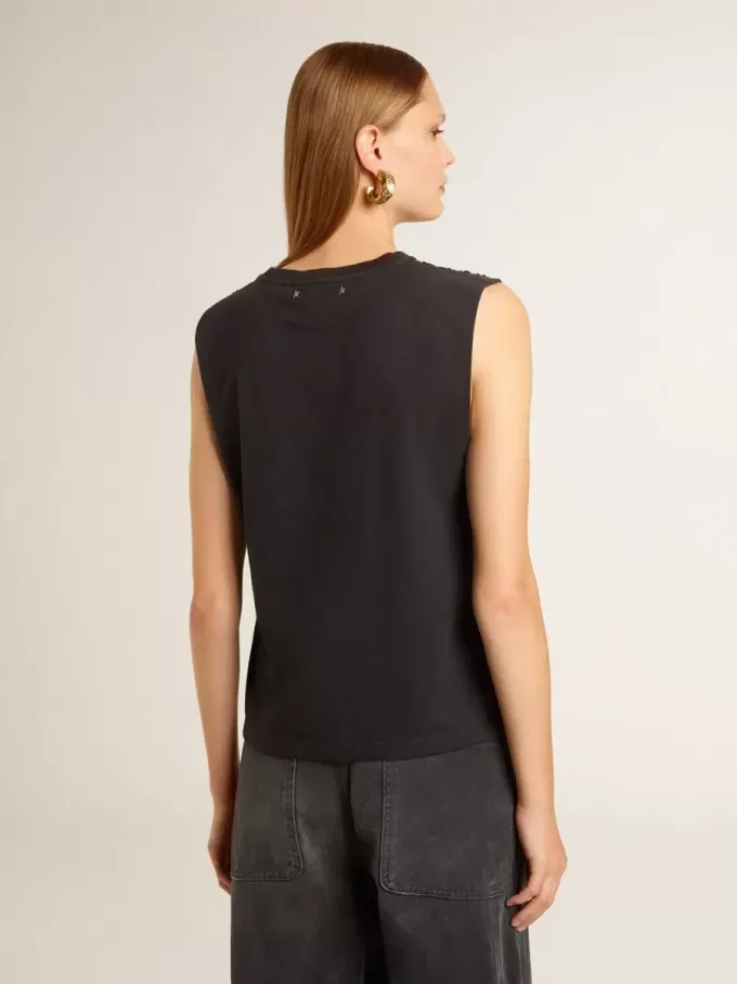 Mouwloos T-shirt in versleten zwart met ton-sur-ton borduursel in kleurverloop
