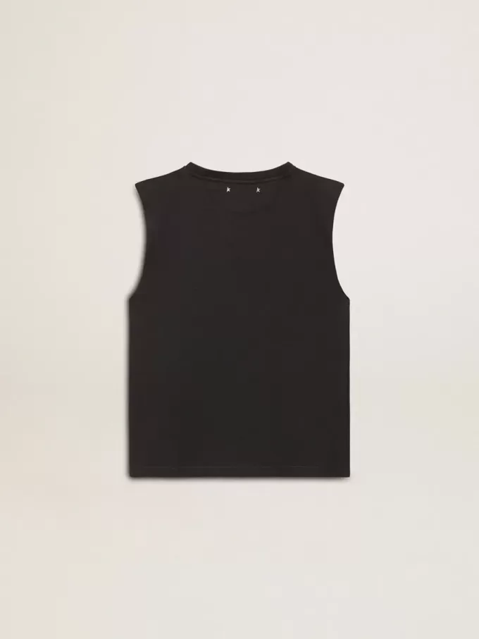 Mouwloos T-shirt in versleten zwart met ton-sur-ton borduursel in kleurverloop