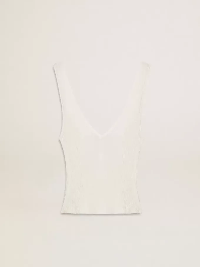 Mouwloze top geborduurd met versleten witte ribbels