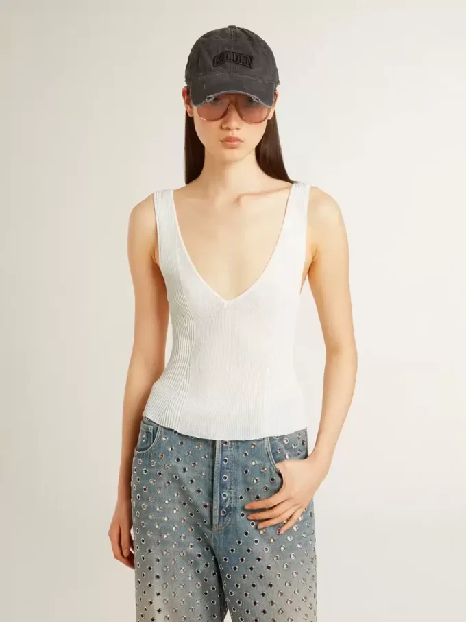 Mouwloze top geborduurd met versleten witte ribbels