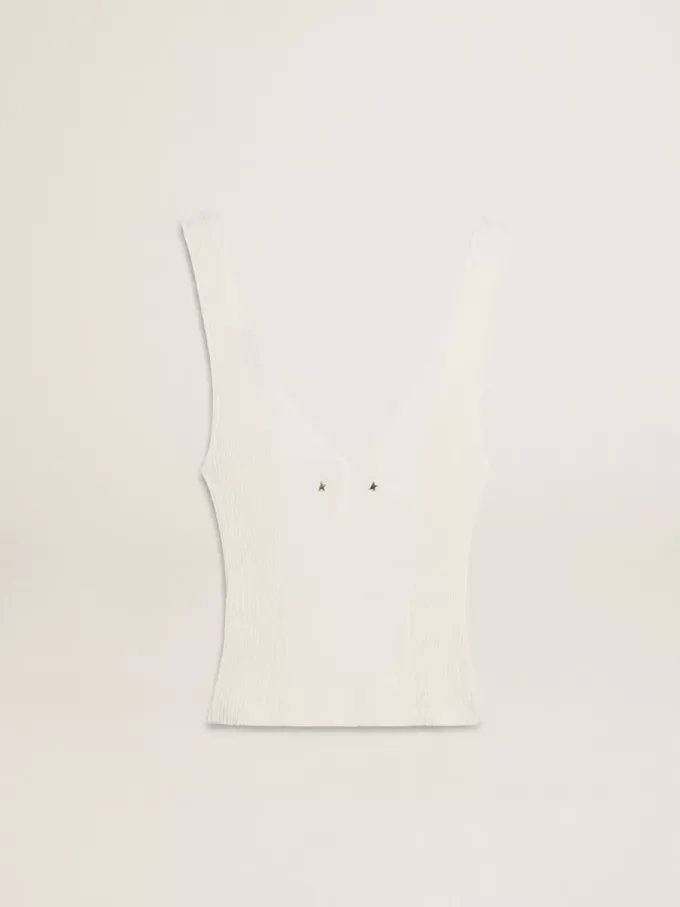 Mouwloze top geborduurd met versleten witte ribbels