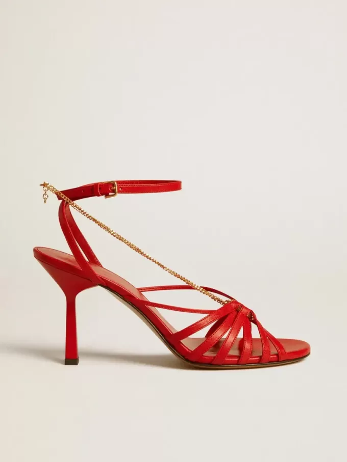 Nico hoge hakken sandalen in rood nappaleer met gouden ketting