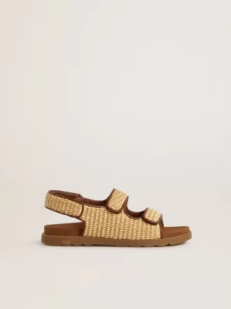 Noa-sandalen voor kinderen in beige raffia en bruin leer