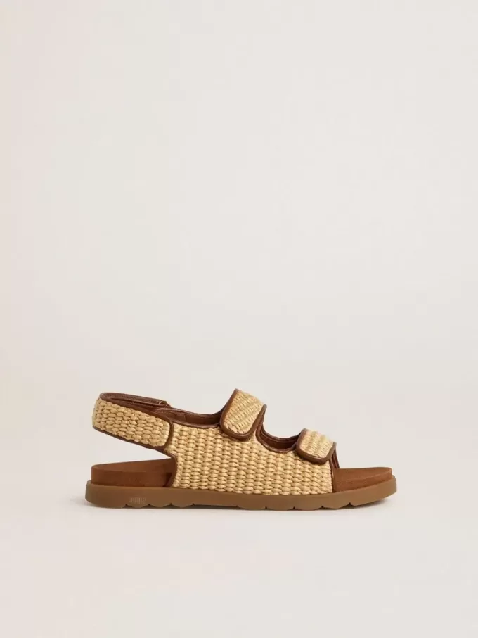 Noa-sandalen voor kinderen in beige raffia en bruin leer