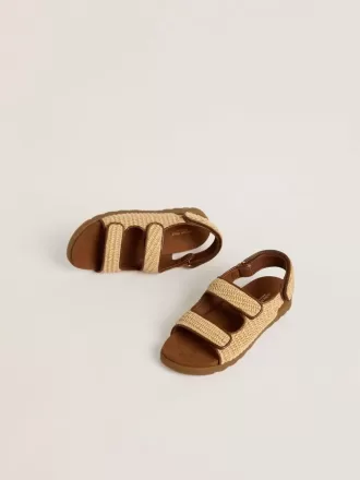 Noa-sandalen voor kinderen in beige raffia en bruin leer