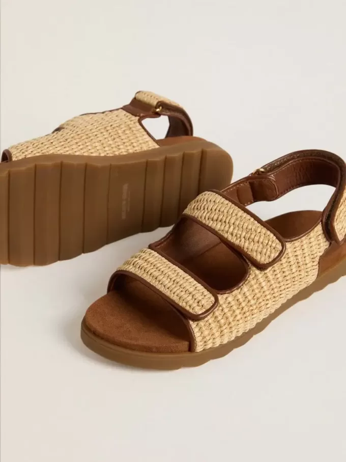 Noa-sandalen voor kinderen in beige raffia en bruin leer