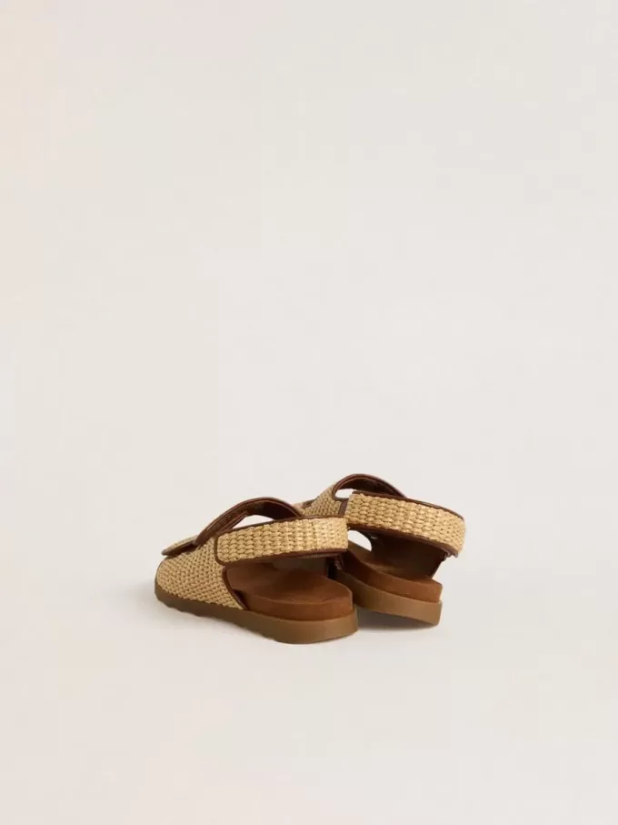 Noa-sandalen voor kinderen in beige raffia en bruin leer