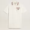 Oasis polojurk voor dames in wit geperforeerd jersey met bordeauxrode strepen