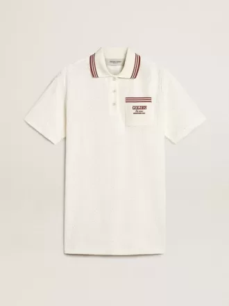 Oasis polojurk voor dames in wit geperforeerd jersey met bordeauxrode strepen