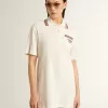 Oasis polojurk voor dames in wit geperforeerd jersey met bordeauxrode strepen
