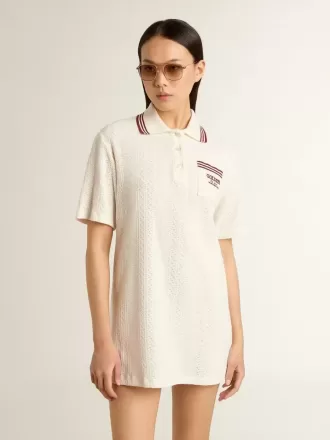 Oasis polojurk voor dames in wit geperforeerd jersey met bordeauxrode strepen