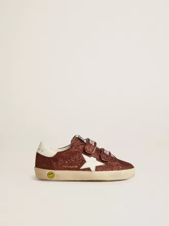 Old School Junior in bordeauxrood glitter met leren ster en hielstuk