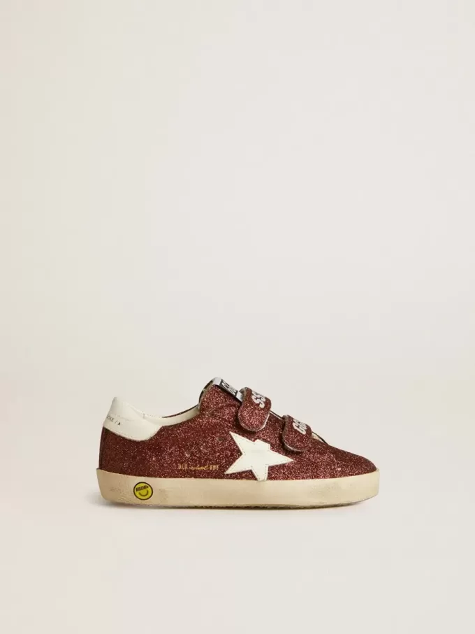 Old School Junior in bordeauxrood glitter met leren ster en hielstuk