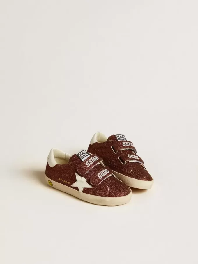 Old School Junior in bordeauxrood glitter met leren ster en hielstuk