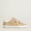 Old School voor dames in beige suède met witte leren hiellip.