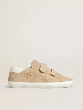 Old School voor dames in beige suède met witte leren hiellip.