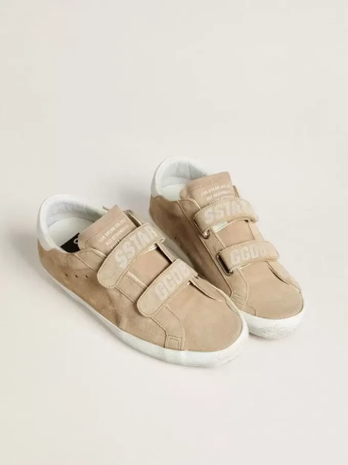 Old School voor dames in beige suède met witte leren hiellip.