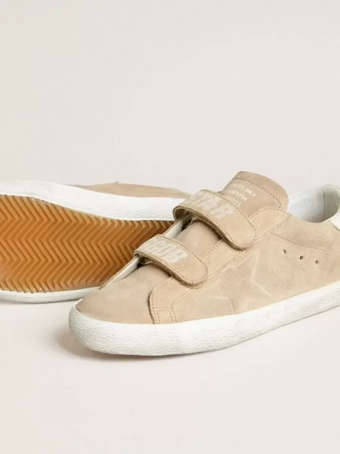 Old School voor dames in beige suède met witte leren hiellip.