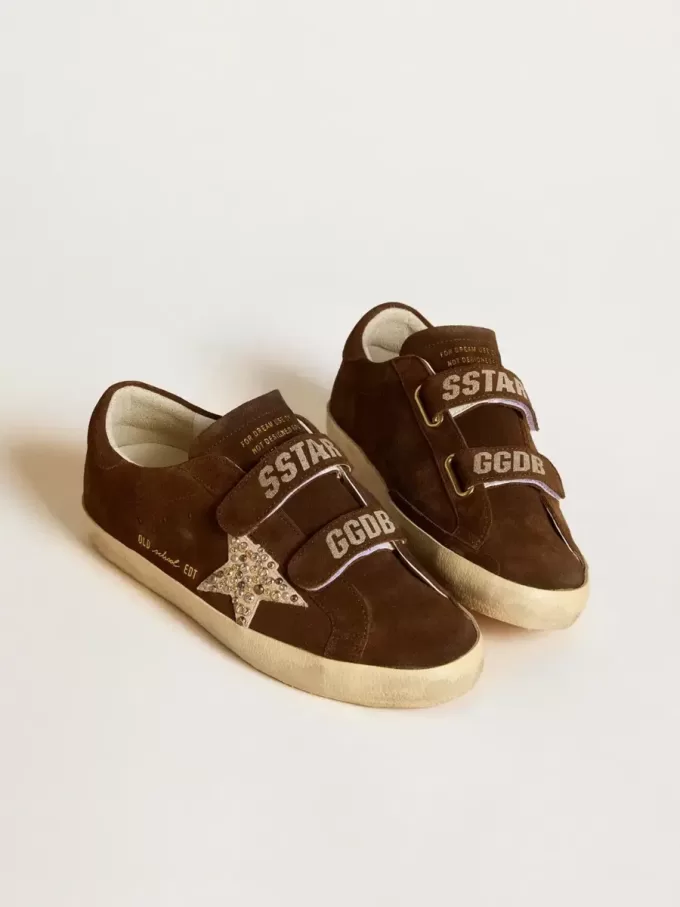 Old School voor dames in bruin suède met beige suède ster met studs en parels