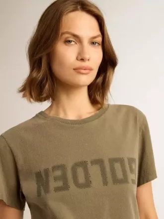 Olijfgroen T-shirt voor dames met gouden letters