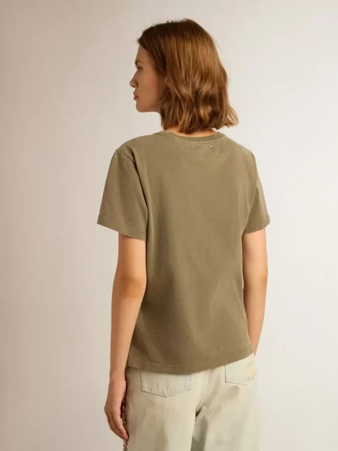Olijfgroen T-shirt voor dames met gouden letters