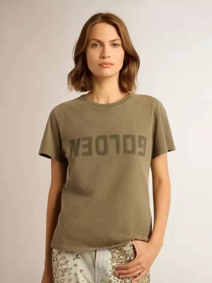 Olijfgroen T-shirt voor dames met gouden letters