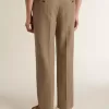 Op maat gemaakte broek in zandkleurig linnen met chevronpatroon