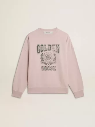 Oudroze unisex sweatshirt met ronde hals en groene logoprint
