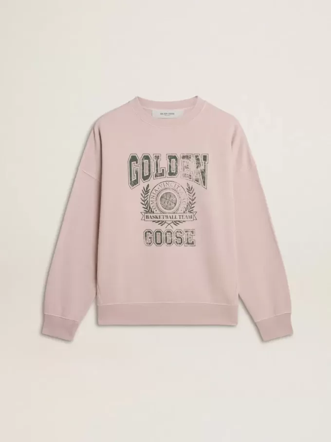 Oudroze unisex sweatshirt met ronde hals en groene logoprint