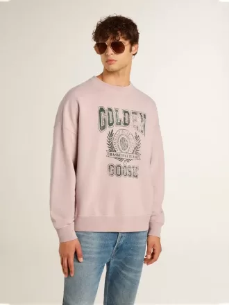 Oudroze unisex sweatshirt met ronde hals en groene logoprint