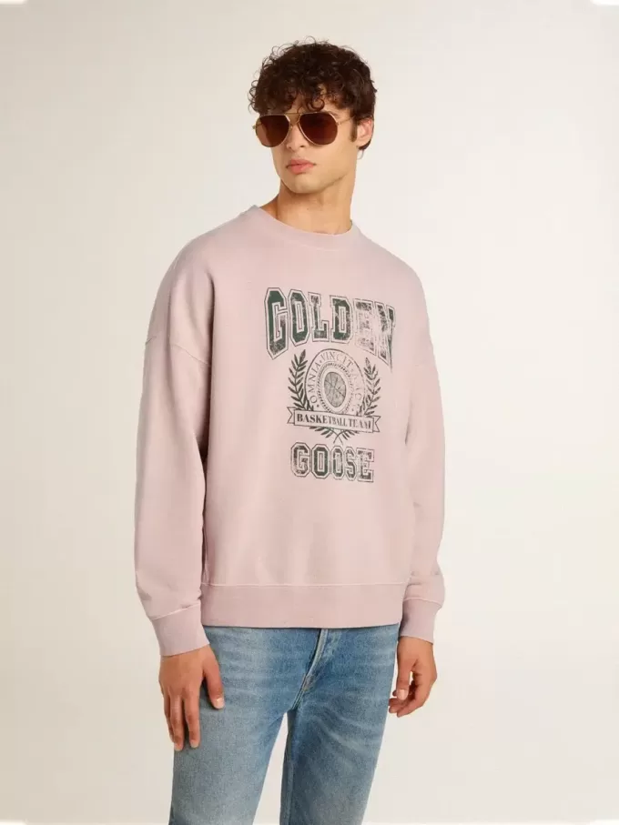 Oudroze unisex sweatshirt met ronde hals en groene logoprint