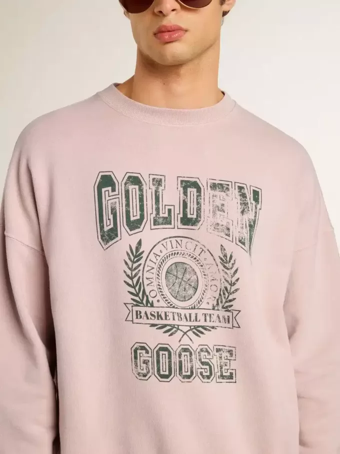 Oudroze unisex sweatshirt met ronde hals en groene logoprint