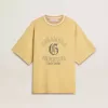 Oversized geel katoenen T-shirt voor heren met blauwe print