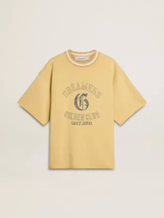 Oversized geel katoenen T-shirt voor heren met blauwe print