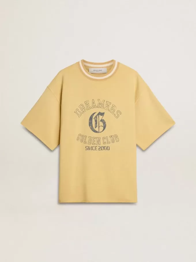 Oversized geel katoenen T-shirt voor heren met blauwe print