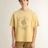 Oversized geel katoenen T-shirt voor heren met blauwe print