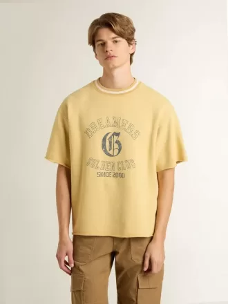 Oversized geel katoenen T-shirt voor heren met blauwe print