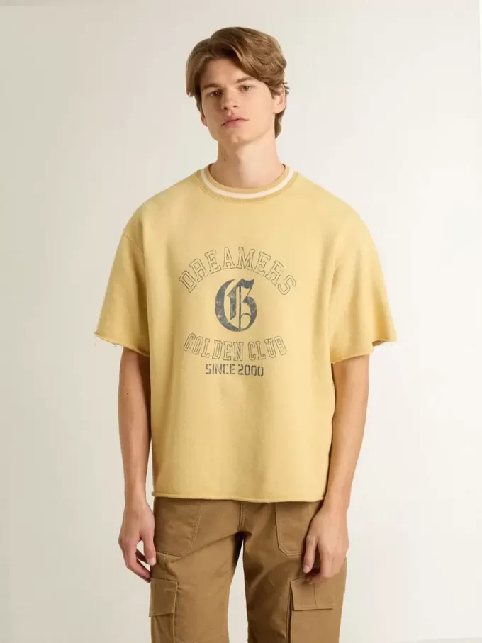 Oversized geel katoenen T-shirt voor heren met blauwe print