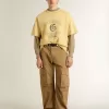 Oversized geel katoenen T-shirt voor heren met blauwe print