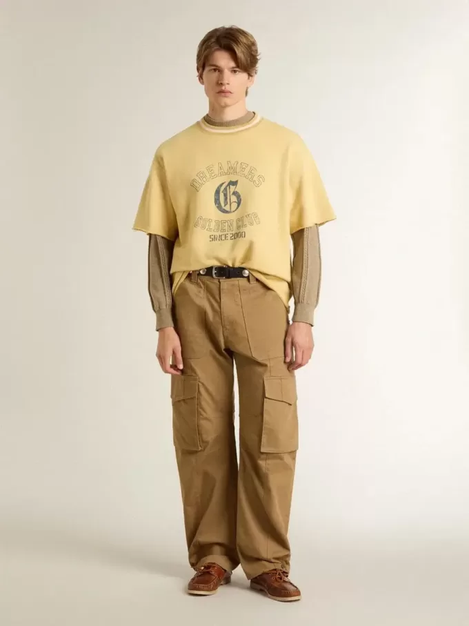 Oversized geel katoenen T-shirt voor heren met blauwe print