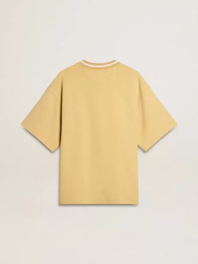 Oversized geel katoenen T-shirt voor heren met blauwe print