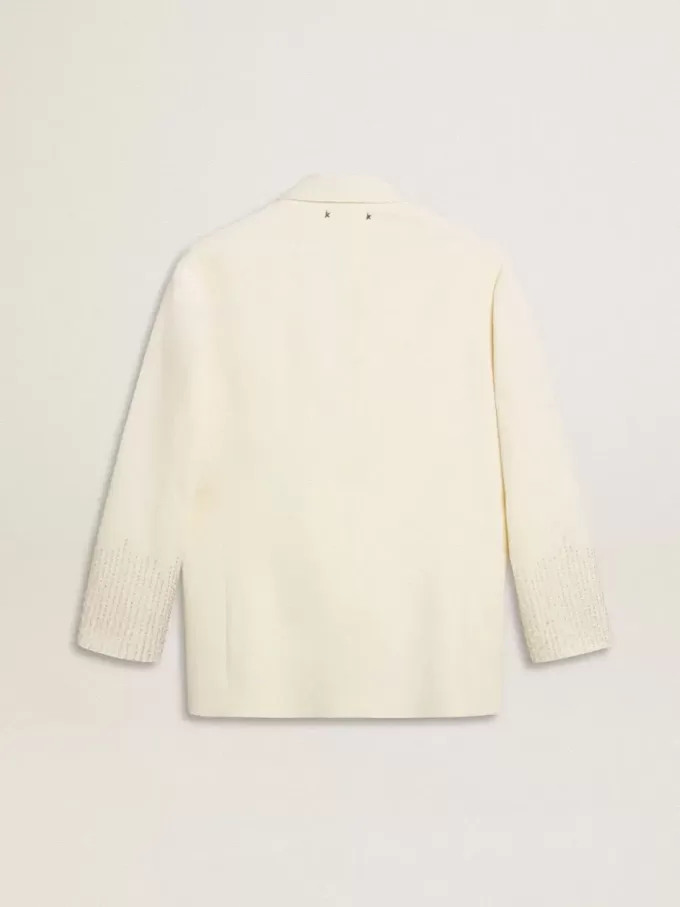 Oversized jasje met enkele knoopsluiting in wit met zijde-effect en borduursels.