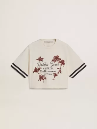 Oversized kort T-shirt voor dames in witte jersey met borduursel en ‘Venezia Mediterraneo’-print.