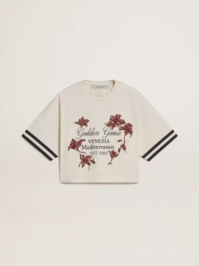 Oversized kort T-shirt voor dames in witte jersey met borduursel en ‘Venezia Mediterraneo’-print.